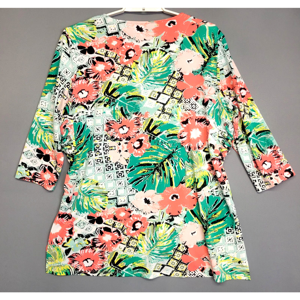 ND New Direction Floral Top Womens XL Bright Lace-Up Side High Low 3/4 Sleeves - Picture 10 of 12